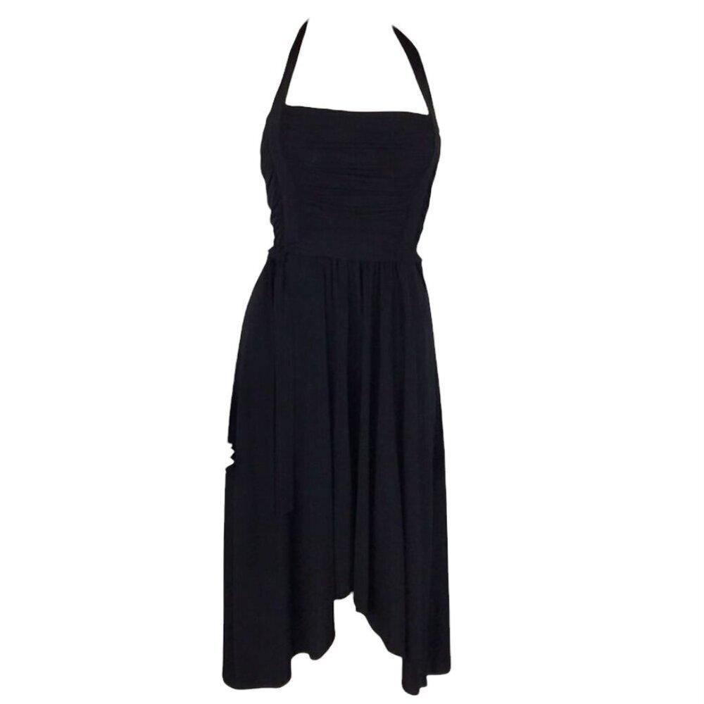 BCBGMAXAZRIA USA Sz XS LBD Black Halter Dress Ruched Top Asymmetric Hem‎ 130L